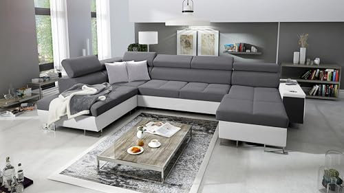 All4All Ecksofa mit Schlaffunktion Margo VI 360x221 cm - Schlafsofa mit Bettkasten - Wohnlandschaft in U-Form - XXL Sofa - Seite rechts - Gewebe mit Kunstleder - Dunkelgrau/Weiß - Modern 26
