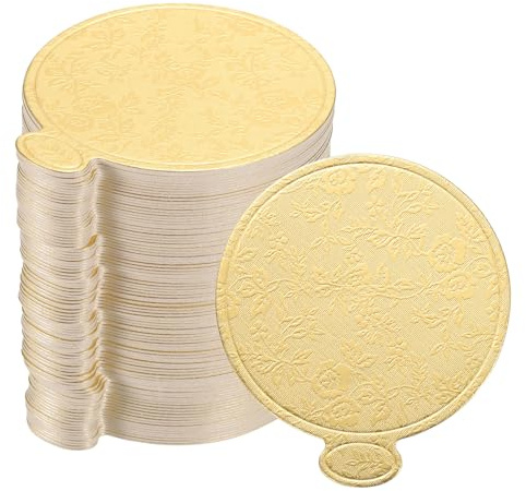 sourcing map 100pcs Mini Cake Boards, Mousse Cake Cardboards Round Cake Bases Plates Cupcake Dessert Displays Base Tray for Cupcakes, Cakes, Pastries Base - Grease Proof (Floral Gold)