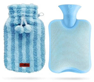 suitmine Hot Water Bottle PVC 2L Leak-Proof with Removable Soft Furry Cover for Pain Relief Hot and Cold Therapy,Hands Feet Abdomen and Neck Warmer,Cord Lock,Blue