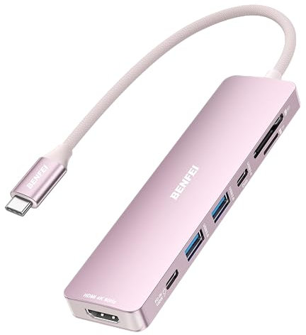 BENFEI Hub USB C 7-en-1 avec HDMI(4K@60Hz), 2 USB-A, 1 USB-C Data, 100W de Charge, Lecteur de Carte SD/TF, câble en Silicone sans enchevêtrement Compatible avec MacBook Pro/Air, iPad Pro, iMac,Pink