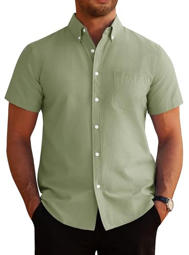 J.VER Men's Short Sleeve Shirts Regular Fit Smart Casual Button Down Oxford Shirt Cotton Non Iron Business Wedding Office Work Dress Shirt Green XL