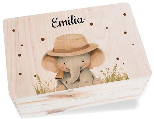 Geschenkbox Holzkiste - Erinnerungsbox Holz Süßer Safari Elefant personalisiert I Elefanten Erinnerungskiste Baby mit Name I Andenkenbox Elefant Kinder I Elefanten Fan I Dickhäuter I Elefanten