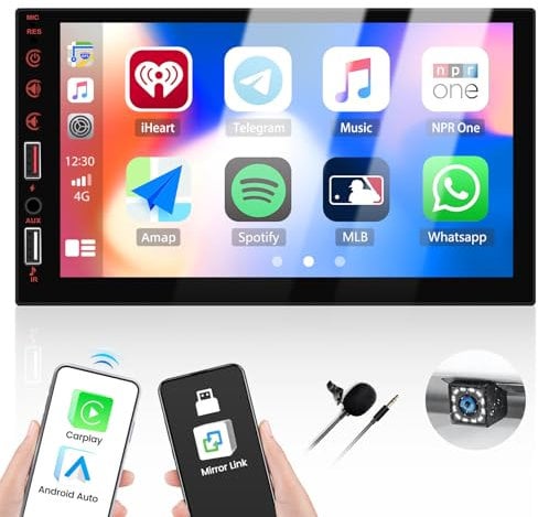 Double Din Wireless Carplay Android Auto Car Stereo, 7 IPS Touchscreen Auto Audio Receiver mit Bluetooth Freisprecheinrichtung, Mirror Link, FM Autoradio, Rückfahrkamera, EQ, USB/AUX in/SWC