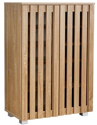 Home Source 2 Door Wooden Shoe Storage Cabinet Rack Stand, Slatted Cupboard, Oak Effect