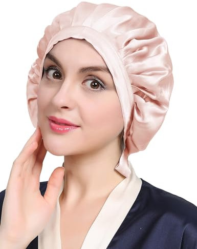 LilySilk 100% Maulbeerseide Schlafmütze rutschfest verstellbar und atmungsaktiver Kopfbedeckung Seidenhaube zum Schlafen Nachtmütze mit elastischem Band für alle Haartypen, Blassrosa