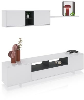 duehome | Mueble de Salon Moderno, Modulos Comedor, Modelo Kenzo, Acabado en Blanco Brillo y Gris Antracita, Medidas: 200 cm (Ancho) x 41 cm (Fondo) x 46 cm (Alto)