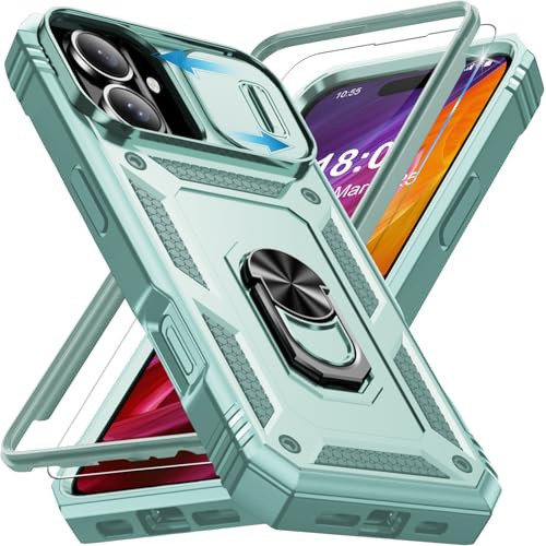 Giyer Handyhülle für iPhone 16 Hülle mit Schutzfolie, Panzerhülle Case mit Kameraschutz 360° Metall Ring Ständer Stoßfest Bumper Schutzhülle für iPhone 16 5G Cover Tache (Mintgrün)