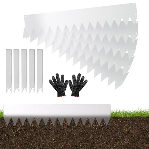 Eikuavons Rasenkante Metall, 100x20cm Beeteinfassung mit scharfen Sägezähnen, Flexible Rasenkante Mähkant Palisade mit Clips und Handschuhe, Silber (Länge 25m - Höhe 20cm)