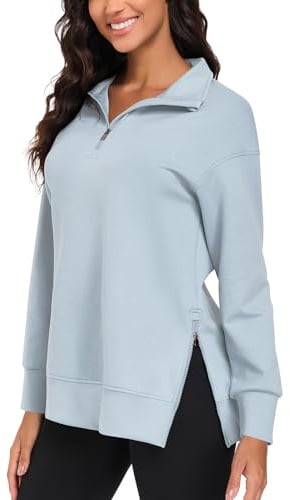 WOWENY Damen Sweatshirt Tunika Halbem Reißverschluss Pullover Locker Langarm Stehkragen Oversized Winterpullover Herbst Seitliche Zipper