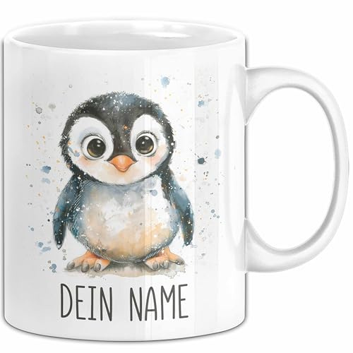 Pinguin Tasse mit Namen – Personalisierte Tasse Geburtstag Geschenkidee süßes Tiermotiv Namenstasse (Weiß)