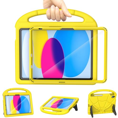 Kids Case for iPad (A16) 11th Generation 11 inch 2025/iPad 10th Generation 10.9 inch 2022, Mansiruyi Shockproof Handle Stand iPad 10.9 inch/11 inch Case with Built-in Screen Protector for Kids -Yellow