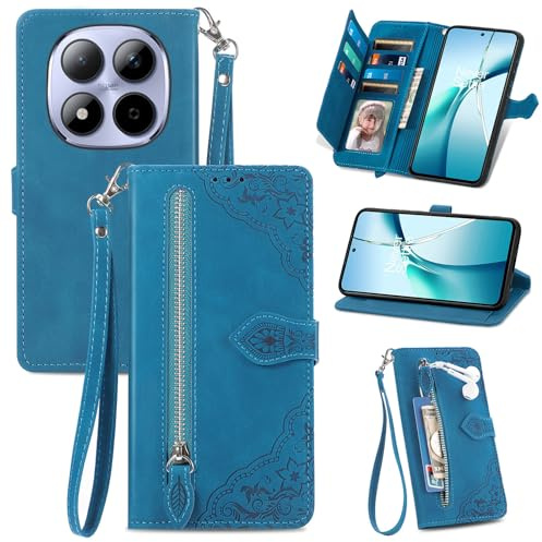 Fertuo Cover per Xiaomi Redmi Note 15 Pro Plus/POCO M8 Pro 5G, Custodia a Libro in Pelle PU Flip Case con Porta Carte, Chiusura Magnetica e Cinturino [Disegni Fiori] Portafoglio Antiurto, Blu