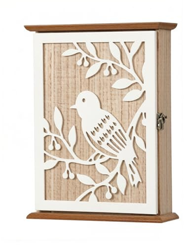 oupados Wooden Key Box Bird on Branch Pattern Wooden Boxes with lock buckle | with 6 Key Hooks Vintage White Key Tray Key Holder for Entrance, Hallway, Office, Medium, 28.5 x 22 x 7 cm Key Cabinet Wall