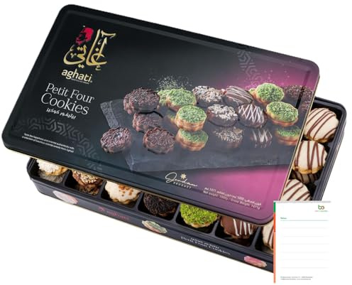 Ben's Garden Bundle: Aghati Petit Four Dose 1kg inkl Notizblock | Premium Buttergebäck mit Pistazien, Mandeln & Schokolade. Traditionell verpackt in einer edlen Dose