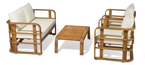 MERCURIUS Lounge Sitzgruppe Akazienholz mit Rückenkissen BUDAPEST - 4-teiliges Gartenmöbel Set mit Bank, 2 Sesseln & Tisch - Lounge Möbel für Garten, Terrasse, Balkon & Wintergarten - Holz Sitzgruppe