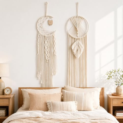 2 Pcs Traumfänger Makramee Boho,Holzring Federn Dreamcatcher Schlafzimmer | Handgefertigter Makrame, für Kinder Wohnzimmer Outdoor Camping Deko