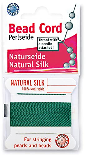 Griffin Silk Bead Cord Perlseide – Green Color – Size 6 (0.70mm) – 2 Meters per Card – Stainless Steel Needle Attached – for Knotting Pearls, Gemstones, Crystals and Beads