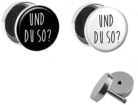 Treuheld® | Set - UND DU SO? - 2 Ohrstecker zum Schrauben mit lustigem Spruch - Schwarze und WEIßE Fake-Plugs mit Hipster Schriftzug - Ø 10mm - Ohr-Ringe Fakeplug - Edel-Stahl Ohrring in Schwarz-Weiß