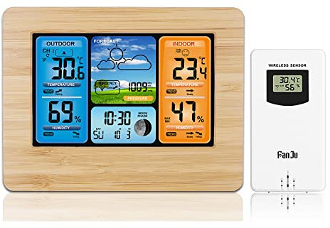 Konesky Stazione Meteo Wireless, barometro termometro Temperatura Digitale Interna umidità Esterna Temperatura con sensore Esterno Sveglia con Pressione barometrica (Beige)