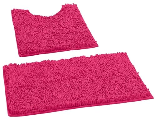 LuxUrux Bath Mat, Luxury Chenille (2-Piece) Bath Mat Set, Soft Plush Anti-Slip Bath Rug + Toilet Mat.1'' Microfiber Shaggy Carpet, Super Absorbent (Curved Set Small, Hot Pink)