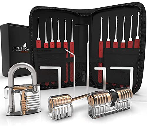 Meistergut DAS ORIGINAL XXL Profi Lockpicking Set mit Deutscher Bildanleitung 24-teilig - Dietrich Set mit 3 transparenten Übungsschlössern - Lock Picking Kit für Anfänger und Profis (Rot)
