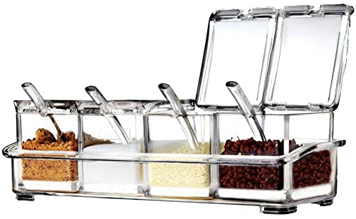 LOYUYU Seasoning Box, Seasoning Rack Spice Pots, Storage Container Condiment Jars, 4 Piece Clear Acrylic Cruet with Cover and Spoon Transparent