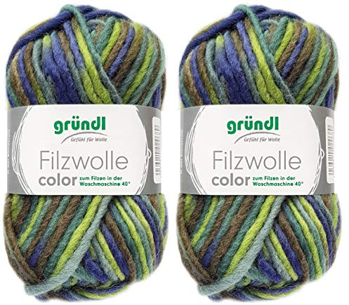 2x50 Gramm Gründl Filzwolle inkl. Anleitung für Topflappen (Color Farben, 22 Grün Blau)