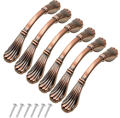 KanDery 6PCS Vintage Cabinet Handles, Chic Drawer Pull, Furniture Door Pull, Antique Kitchen Cupboard Handle, 128mm Hole Center, Red Bronze