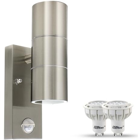 HiBay Aussenlampe mit Bewegungsmelder, Wandlampe Aussen mit Bewegungssensor Edelstahl Aussenleuchte Wand IP44 Up Down Wandleuchte 230V inkl. 2x GU10 Lampen Kaltweiß