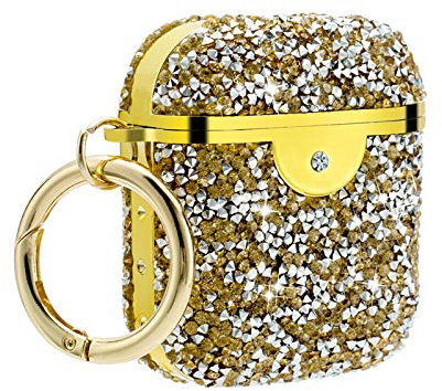 Newseego Compatibile con Custodia AirPods,Brillantini Glitters Rhinestone Antipolvere Anti Scivolo Antigraffio Custodia Protettiva Lussuosa Diamante Sparkle Case con Portachiavi per AirPods 1&2 -Oro