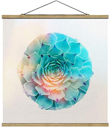 Stoffbild mit Posterleisten - Wasserfarben - Kaktus Agave 100cm x 100cm Eiche