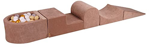 MEOWBABY Schaumstoff Bausteine Kinder - Bausteine XXL aus Schaumstoff mit Bällebad und 100 Bälle für Kinder - Baby Softbausteine zum Klettern, Samt, Beige