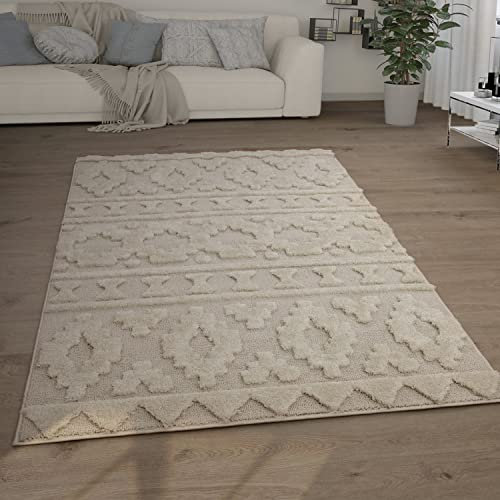Paco Home Hochflor Teppich Wohnzimmer Shaggy 3D Optik Ethno Boho Vintage Look Weich, Grösse:200x280 cm, Farbe:Creme 4