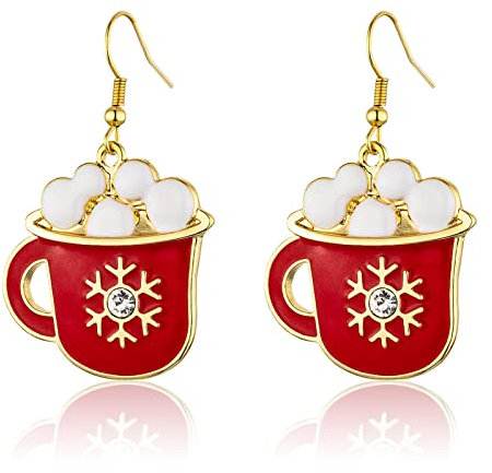 Christmas Earrings for Women and Girls, Red Mug Drop Earrings, Xmas Jewellery Presents, Snowflake Earrings