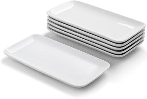 WishDeco Lot de 6 assiettes rectangulaires en porcelaine (23x12 cm), assiettes de service en céramique pour dîner, fête, buffet avec sandwich, au micro-ondes et au réfrigérateur, blanc empilable.