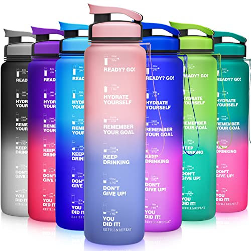 ZORRI Wasserflaschen, BPA-frei, 900 ml Wasserflasche mit Zeitmarkierung und Meaurmentmarkierung, auslaufsicherer und leichter Wasserkrug, tragbar für Schule, Workout, Fitness, Camping, Rosa Blau