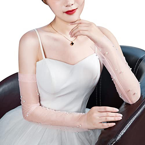 Wooauto Lange Fingerlose Spitze Handschuhe, 1Paar Lange Tüllhandschuhe für Damen Brauthandschuhe Hochzeit Transparente Opernhandschuhe Abendhandschuhe für Hochzeit Opera Fest Abend Party,rosa