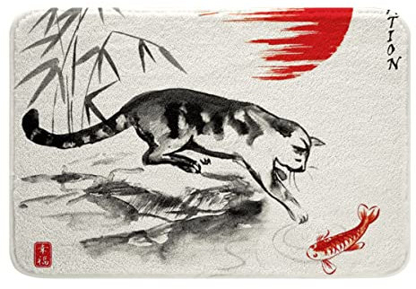 Loussiesd Japanisches Ukiyoe Badteppiche Japanische Katze Koi Badezimmerteppich Badematte 50x80cm für Kinder Jungen Mädchen Tinte Bambus Sonne Exotischer Stil Aquarell Badvorleger