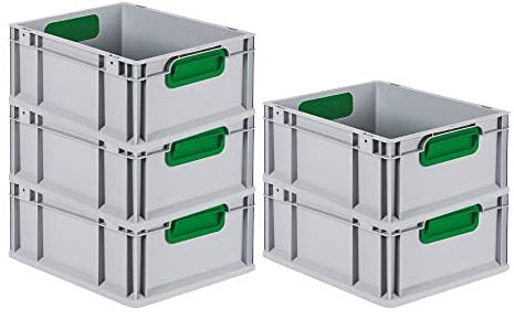 PROREGAL SuperSparSet 5x Eurobox NextGen Color | HxBxT 17x30x40cm | 16 Liter | Griffe grün geschlossen | Glatter Boden | Eurobehälter, Transportbox, Transportbehälter, Stapelbehälter