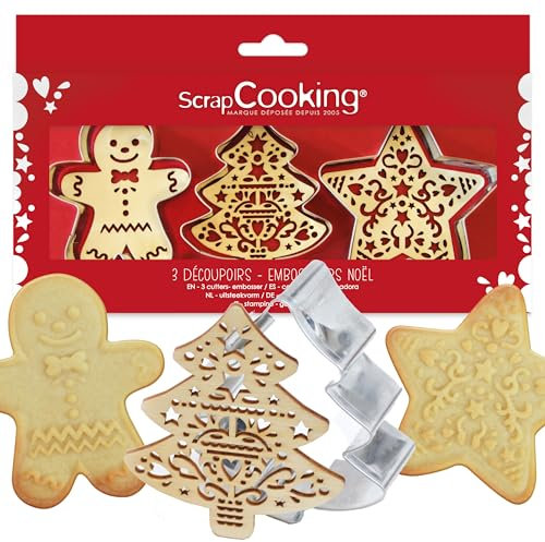 SCRAP COOKING 2093 Kit de Pâtisserie avec Coupe-chat en Inox et Gaufreur en Bois pour Contact Alimentaire, Noël