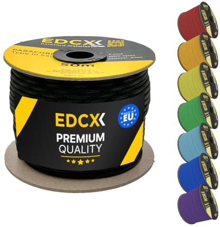 EdcX 4 mm Nylon Paracord 550 50 m (165 pies) - Tipo III, Cuerda 100% Nylon, Cuerda de 7 hebras, Cuerda de Nylon de 4 mm en Colores sólidos (Black Forest, 50 m)
