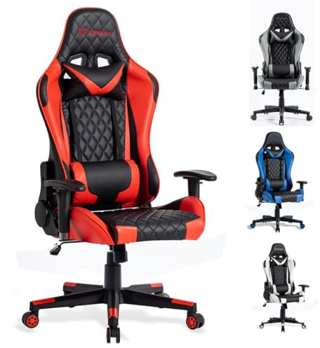 FOXSPORT Silla ergonómica para Juegos - Totalmente Ajustable con reposabrazos, reposapiés, reposacabezas, Respaldo y cojín - Función de inclinación - Máxima Comodidad. (Sin reposapié, Rojo)