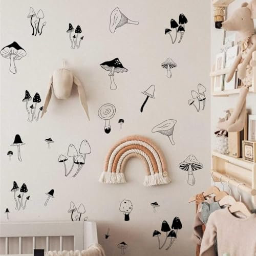 72 Pieces Black Mushroom Wall Decals - Woodland Nursery Wall Stickers for Baby Boys or Girls Room Decor，Forest Wall Stickers Removable，Nursery Playroom Decor.