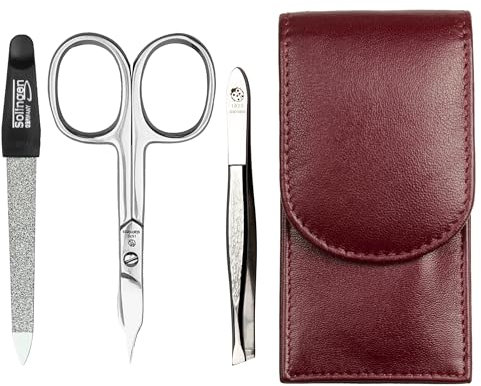Sonnenschein by Hans Kniebes - Maniküre Set 3 teilig - Nagelschere, Nagelfeile und Pinzette - Taschenmaniküre Nagelpflegeset - Nappa-Lammleder Manicure Etui (Bordeaux)