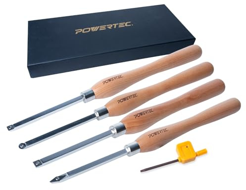 POWERTEC 4 Pcs Carbide Lathe Tools for Woodturning, Wood Lathe Tools with Radius Edge Square, Flat Edge Square, Round and Diamond, Lathe Toolds with Replaceable Blade (71826)