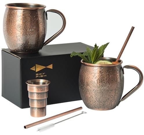 SKY FISH Tasses à Moscow Mule, Ensemble de 2 Verres à Cocktail Embossés en 3D, Tasses à Vin en Acier Inoxydable de 500ml, Laver à la Main Uniquement, Finition Cuivre Vintage