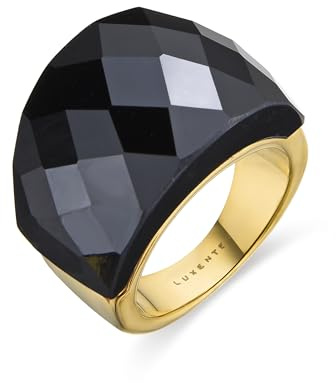 LUXENTER Anillo Mujer en Aleación de Metal con Cuarzo Hidrotermal Ónix Color Negro y Dorado Acabado en Oro Amarillo de 18k Ancho 17 mm Talla 16 Modelo Hianvi