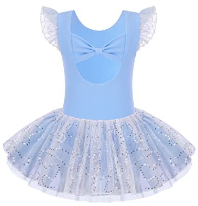 Arshiner Kinder Ballettkleidung 2-10 Jahre Mädchen Schleifen Ballettkleid Kurzarm Ballettanzug Glitzer Tanzkleid Baumwolle Ballett Trikot Mit Chiffon Rock Tütü Blau 160
