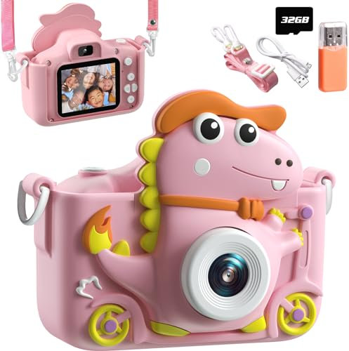 Appareil Photo Enfant Dinosaure, 2 1080P Appareil Photo Numérique, HD Selfie Apareille Photo 32G, Eouet Enfant Et Cadeau Fille 3 4 5 6 7 8 9 10 11 12 Ans, Bien Jeux pour Enfants (Rose)