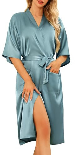 Lovasy Bademantel Damen Satin Japanisch Kimono Jacke Damen mit Gürtel Sexy Morgenmantel Leicht Pyjama für Hochzeit Braut Party,Graugrün,M